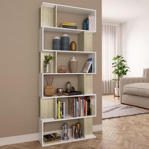 Bogreol/rumdeler 80x24x192 cm konstrueret træ hvid og sonoma-eg