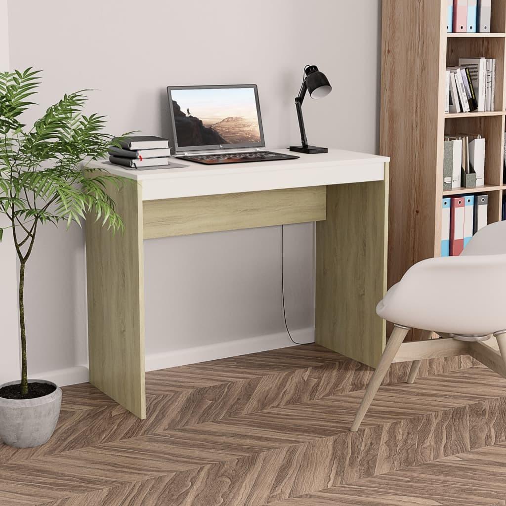 Skrivebord 90x40x72 cm konstrueret træ hvid og sonoma-eg