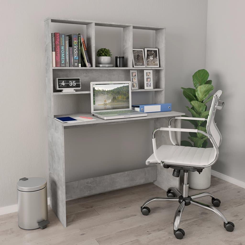 Skrivebord m. hylder 110x45x157 cm konstrueret træ betongrå