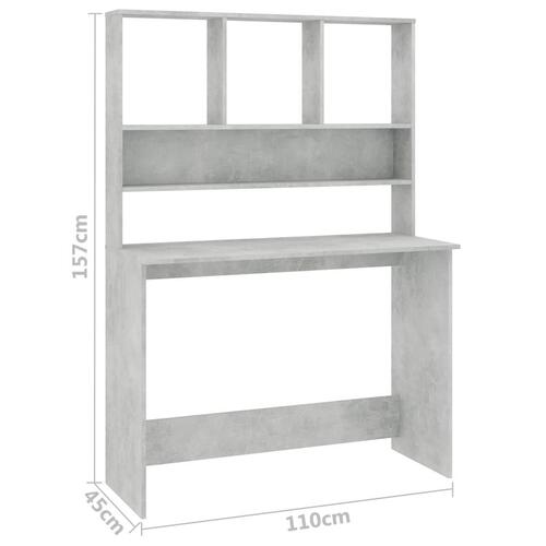 Skrivebord m. hylder 110x45x157 cm konstrueret træ betongrå