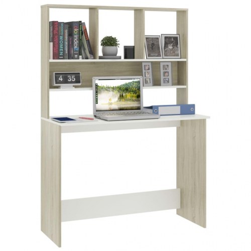 Skrivebord med hylder - 110 × 45 × 157 cm, spånplade, hvid/sonoma-eg