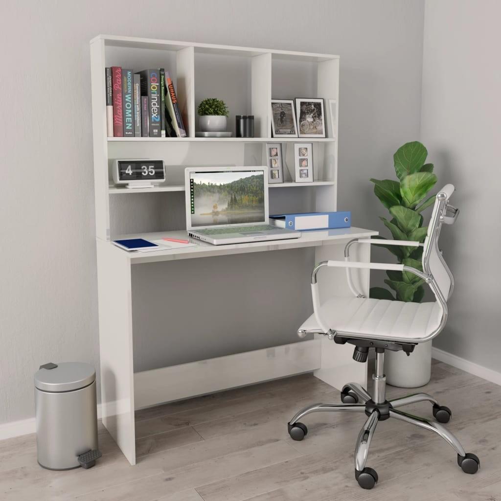 Skrivebord m. hylder 110x45x157cm konstrueret træ hvid højglans