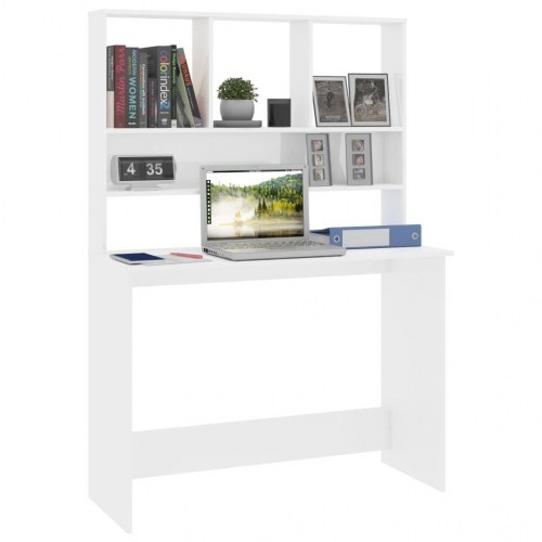 Skrivebord m. hylder 110x45x157cm konstrueret træ hvid højglans