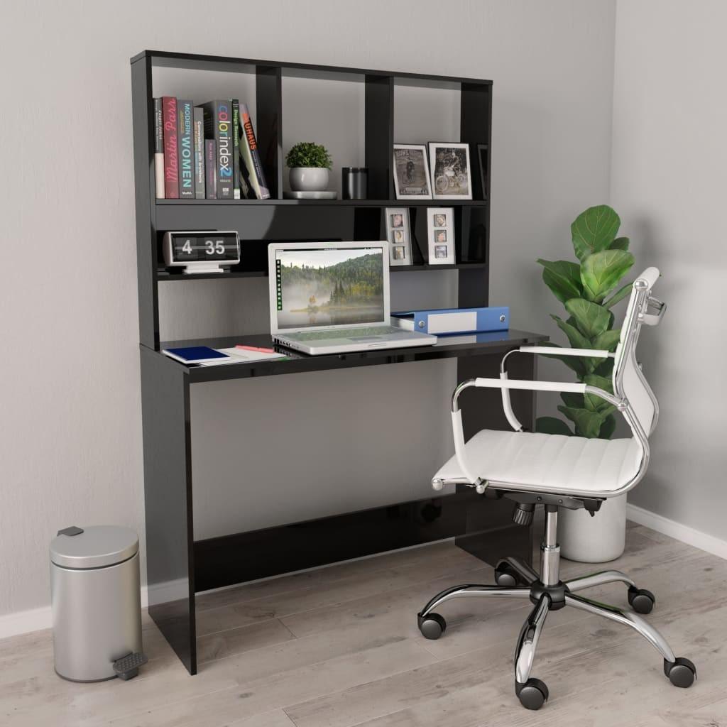 Skrivebord m. hylder 110x45x157cm konstrueret træ sort højglans