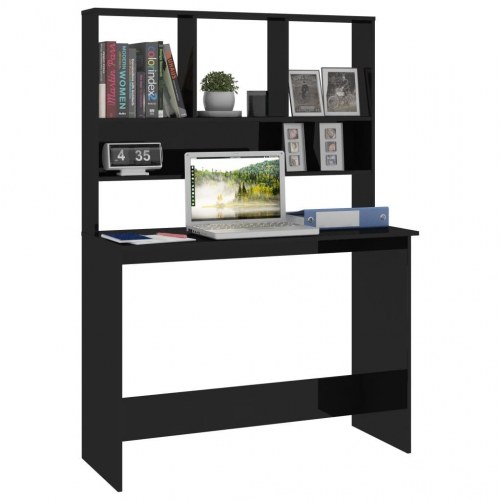 Skrivebord med hylder 110×45×157 cm - sort højglans, konstrueret træ