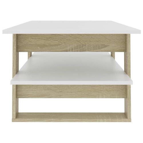 Sofabord 110x55x42 cm konstrueret træ hvid og sonoma-eg