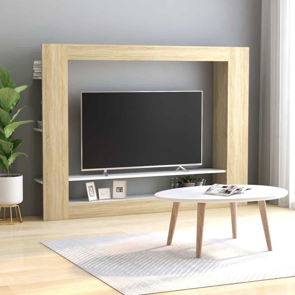 Tv-bord 152x22x113 cm konstrueret træ hvid og egetræsfarvet