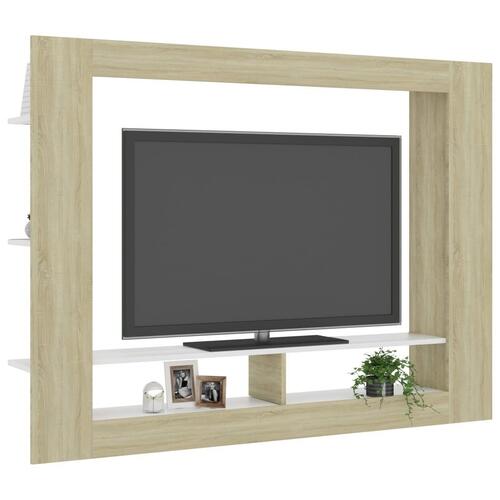 Tv-bord 152x22x113 cm konstrueret træ hvid og egetræsfarvet