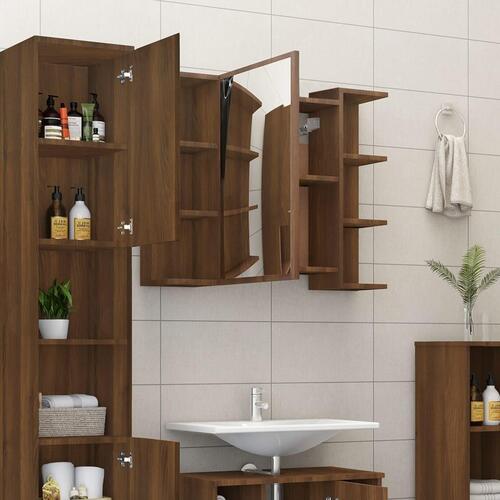 Badeværelsesskab + spejl 80x20,5x64 cm konstrueret træ brunt eg