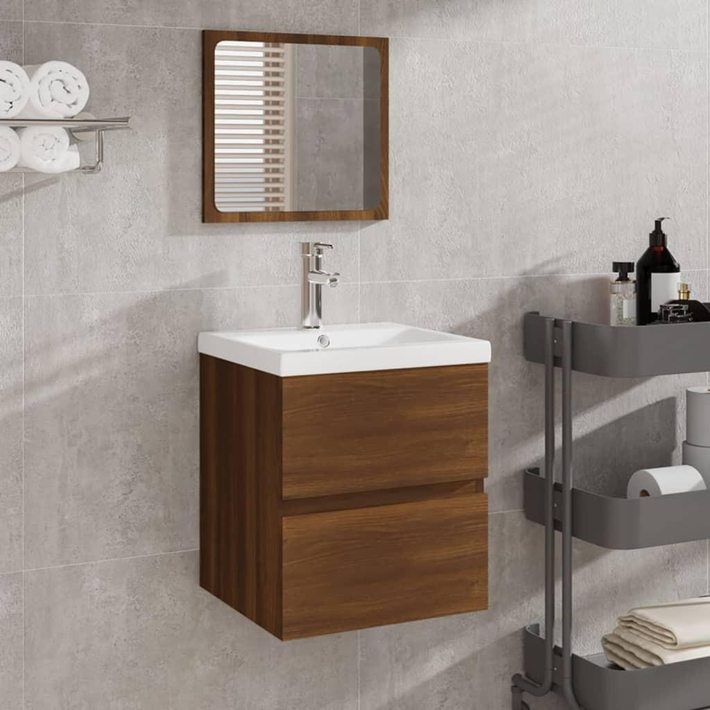Underskab til badeværelse med håndvask og spejl brunt eg