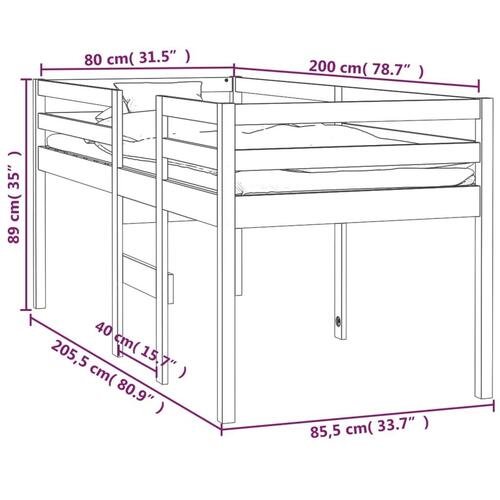 Højseng 80x200 cm massivt fyrretræ hvid