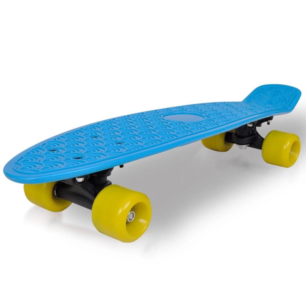 Retro skateboard med blå top og gule hjul