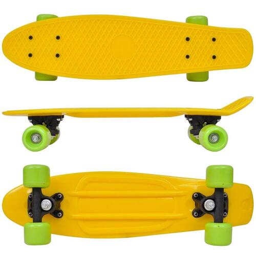 Retro skateboard med gul top og grønne hjul