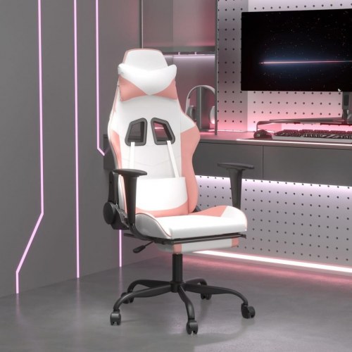 Gamingstol med massage og fodstøtte i kunstlæder - hvid/lyserød