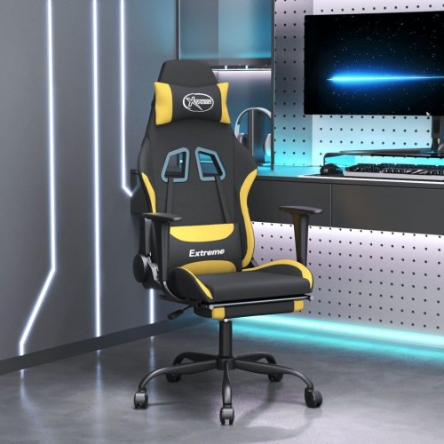 Gamingstol med massagefunktion og fodstøtte - stof, sort/gul