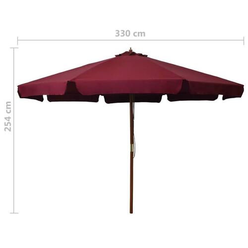 Udendørs parasol med træstang 330 cm bordeauxfarvet