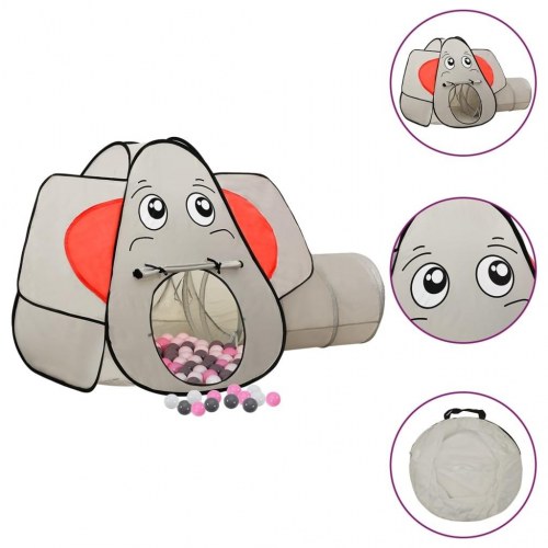 Legetelt til børn med tunnel og 250 bolde - elefant, grå, 174×86×101 cm