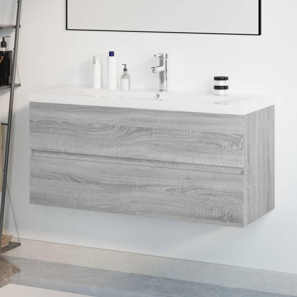 Skab med indbygget håndvask konstrueret træ grå sonoma-eg