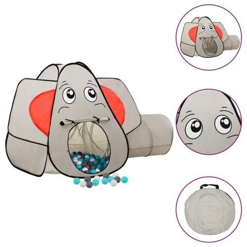 Legetelt med tunnel og 250 bolde - elefant, grå, 174×86×101 cm