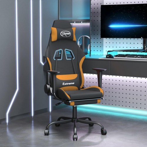 Gamingstol med fodstøtte i stof - sort/orange, højde- og ryglænsjusterbar