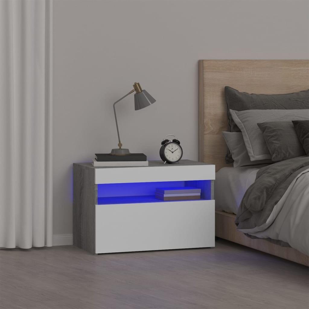 Sengebord med LED-lys 60x35x40 cm grå sonoma-eg