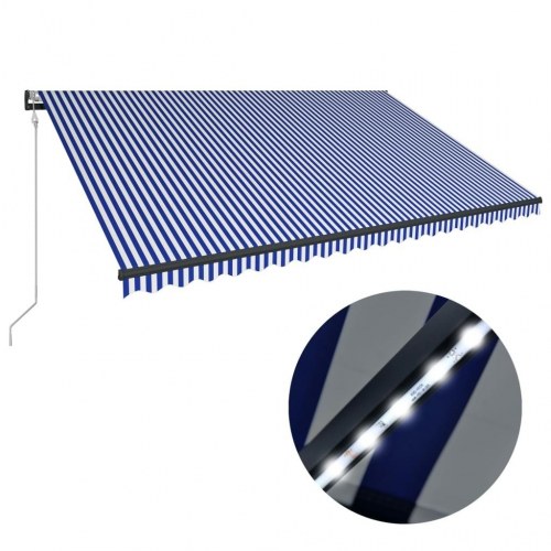 Markise med vindsensor og LED - 500 × 300 cm, blå/hvid