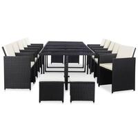 Udendørs spisebordssæt 15 dele med hynder polyrattan sort