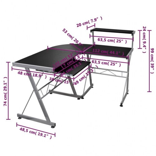 Hjørneskrivebord med tastaturbakke og hylde 132 x 112 x 99 cm - sort