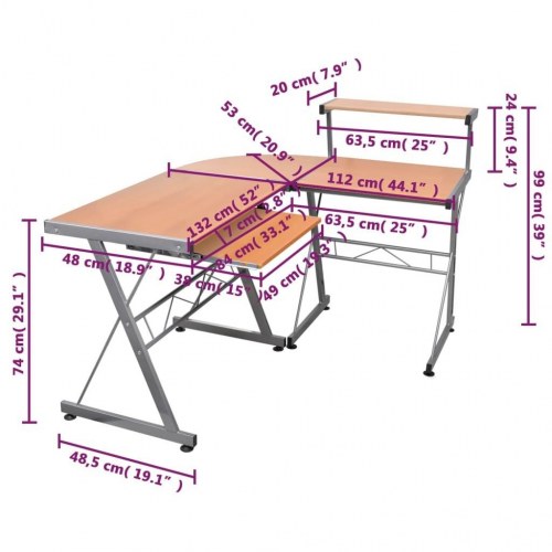 Hjørneskrivebord med tastaturbakke og hylde 132 x 112 x 99 cm - brun