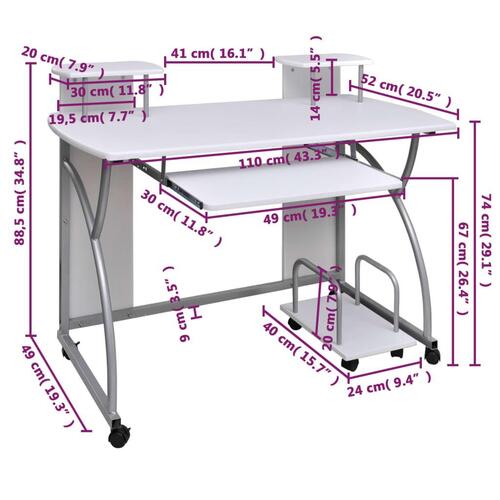 Computerbord 110x52x88,5 cm konstrueret træ hvid