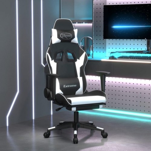 Gamingstol med massage og fodstøtte i kunstlæder - sort/hvid