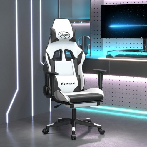 Gamingstol med massage og fodstøtte i kunstlæder - hvid/sort