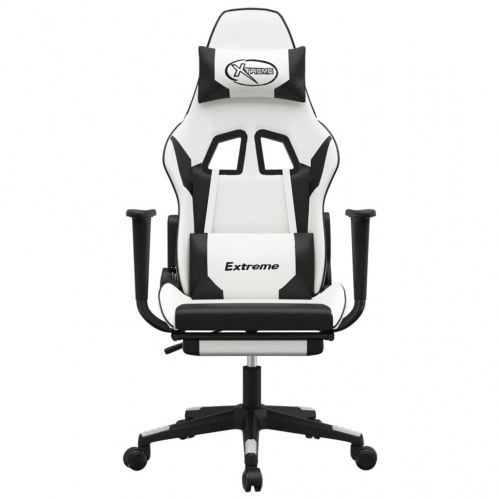 Gamingstol med massage og fodstøtte i kunstlæder - hvid/sort
