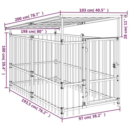 Udendørs hundegård med tag - stål, 1,88 m² (103 × 198 × 128 cm)