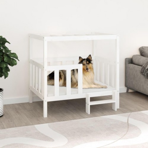 Hundeseng i massivt fyrretræ - 105,5 × 83,5 × 100 cm, hvid
