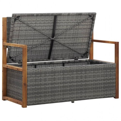 Havebænk 115 cm i grå polyrattan og massivt akacietræ med opbevaring