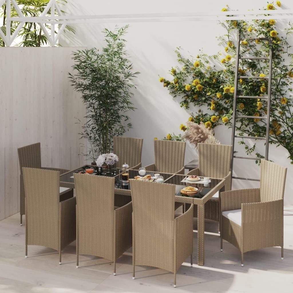 Udendørs spisebordssæt 9 dele med hynder polyrattan beige