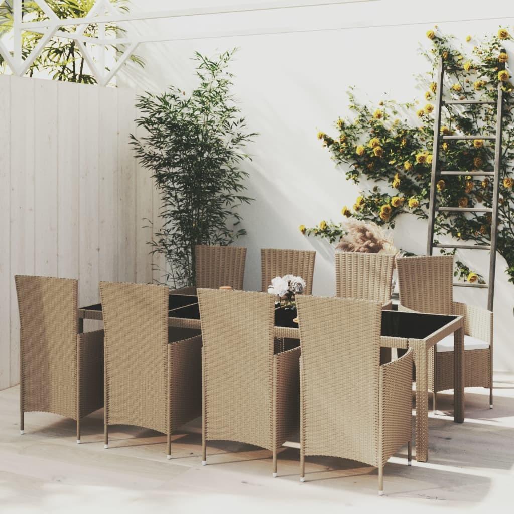 Udendørs spisebordssæt 9 dele med hynder polyrattan beige