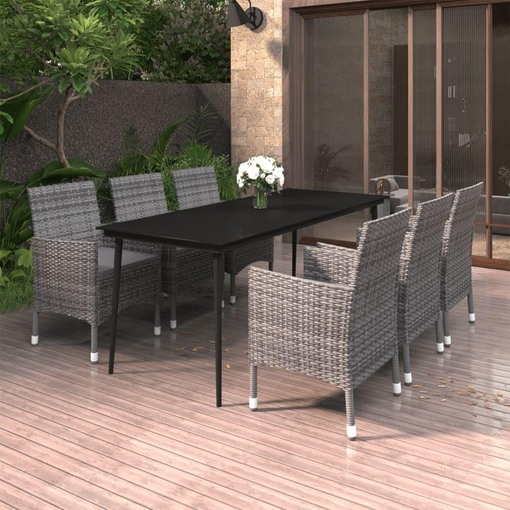 Spisebordssæt til haven 7 dele med hynder polyrattan og glas