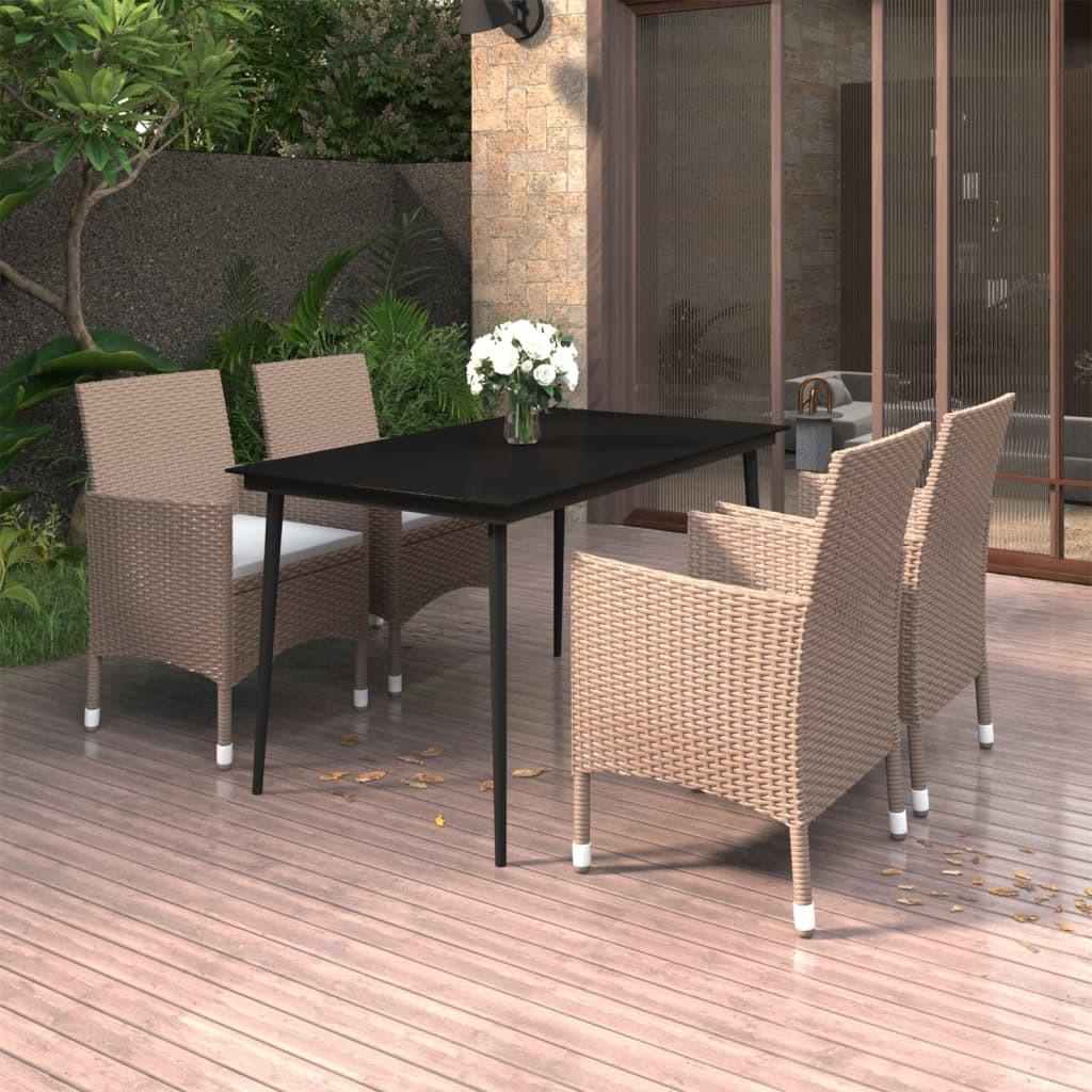 Spisebordssæt til haven - 5 dele med hynder, beige polyrattan og sort glas