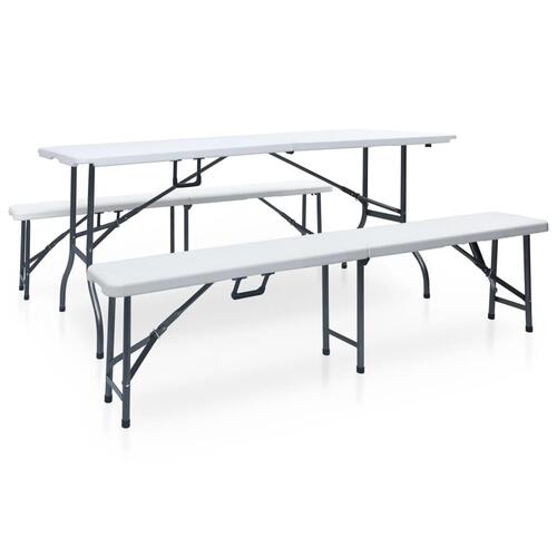 Foldbart havebord med 2 bænke 180 cm stål og HDPE hvid