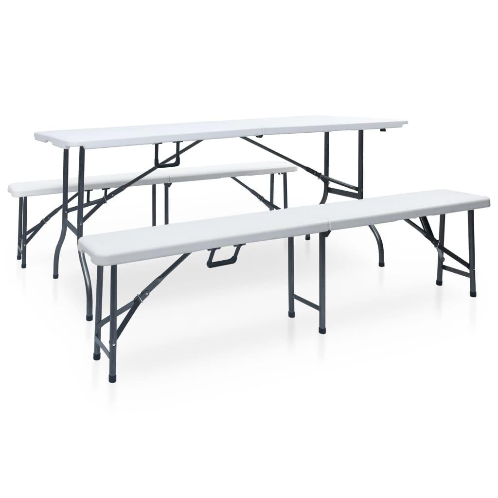 Foldbart havebord med 2 bænke 180 cm stål og HDPE hvid
