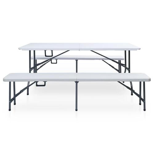 Foldbart havebord med 2 bænke 180 cm stål og HDPE hvid