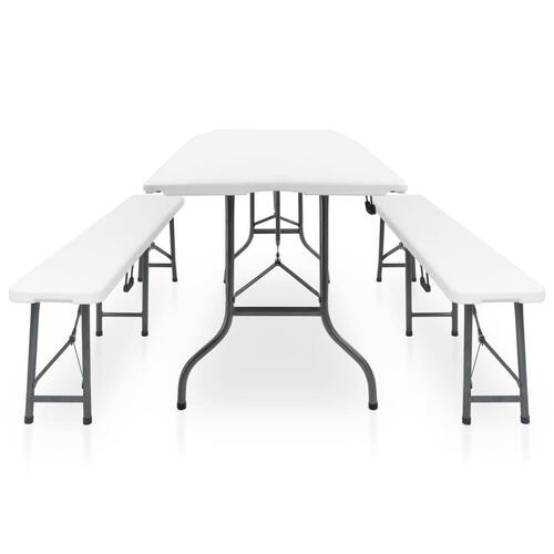 Foldbart havebord med 2 bænke 180 cm stål og HDPE hvid