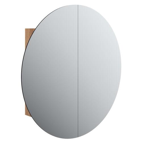 Badeværelsesskab med rundt spejl og LED-lys 40x40x17,5cm egetræ