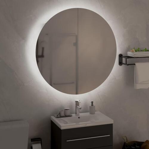 Badeværelsesskab med rundt spejl og LED-lys 40x40x17,5cm egetræ