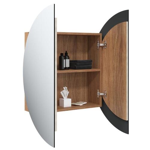 Badeværelsesskab med rundt spejl og LED-lys 40x40x17,5cm egetræ