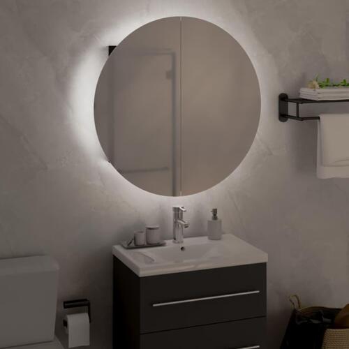 Badeværelsesskab med rundt spejl og LED-lys 47x47x17,5 cm sort