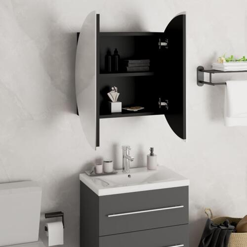 Badeværelsesskab med rundt spejl og LED-lys 47x47x17,5 cm sort