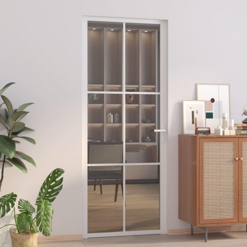 Indvendig glasdør 83×201,5 cm - hvid alu med mørkt sikkerhedsglas